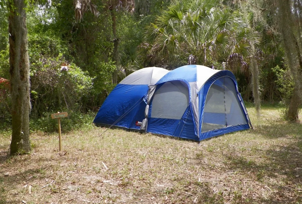 A blue two-room tent pitched on level ground in a wooded clearing