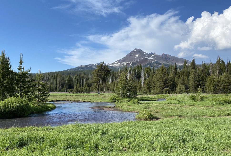 A creek winding through a green meadow below a snow-streaked mountain